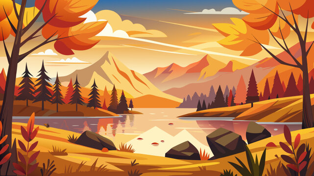 Vector art of autumn landscape with mountains, lake, and trees in warm colors, creating a scenic and tranquil view of nature during the fall season