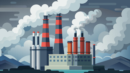 Obraz premium Vector art of industrial factory with chimneys emitting smoke, contributing to air pollution and environmental concerns with a flat vector illustration