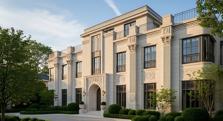 Impressive facade of a modern multi story building with neoclassical architectural details