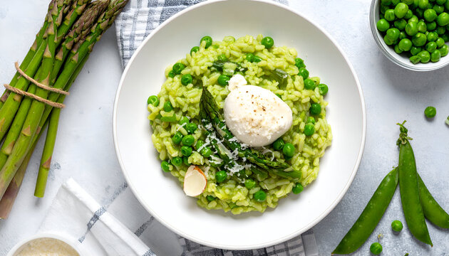 Homemade Green Pea and Asparagus Risotto with Robiola Cheese
