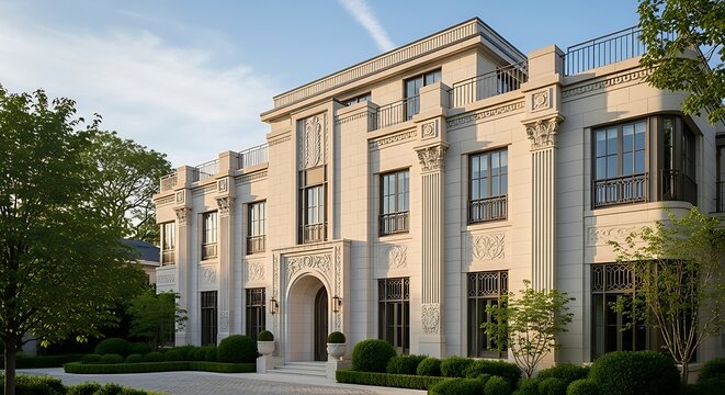 Impressive facade of a modern multi story building with neoclassical architectural details