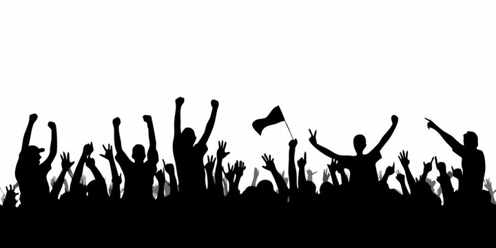 Silhouette of a crowd cheering with raised hands and a flag