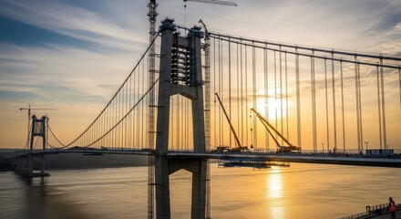 Fototapeta premium Massive suspension bridge under construction over water at sunset, with visible cranes and scaffolding.