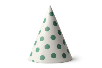 Fototapeta premium White party hat featuring green polka dots, 3d rendered against transparent backdrop, highlighting festive birthday accessory