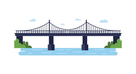 a large bridge over water with green trees Illustration and blue clouds