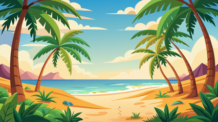 Fototapeta premium Vector art of idyllic tropical beach with palm trees, soft sand, and turquoise water under a sunny sky, perfect for a relaxing vacation