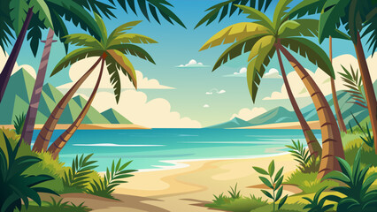 Fototapeta premium Vector art of a tropical beach paradise with palm trees framing the turquoise sea and a clear blue sky, inviting relaxation and escape
