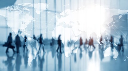 Fototapeta premium Modern Office Lobby with Silhouettes of Business People and Overlay of World Map with Connected Points Representing Global Network