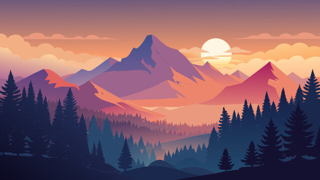 Vector art of scenic mountain landscape at sunset with pine trees and colorful sky in a tranquil valley, perfect for travel and outdoor adventure