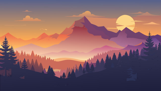 Vector art of vibrant mountain landscape at sunset with silhouette of pine trees, creating a serene and picturesque scene for travel and nature lovers