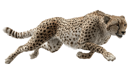 Agile spotted cheetah, running at high speed against a black backdrop