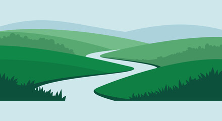 a winding river flows through green hills and mountains © Tm Studio
