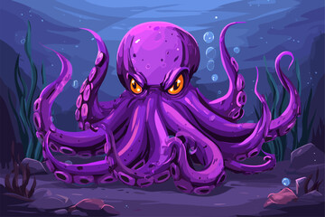 Vibrant Purple Octopus in Underwater Scene with Bubbles and Seaweed