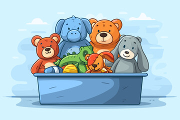 Colorful Cartoon Collection of Stuffed Toys in a Toy Box for Children's Illustrations