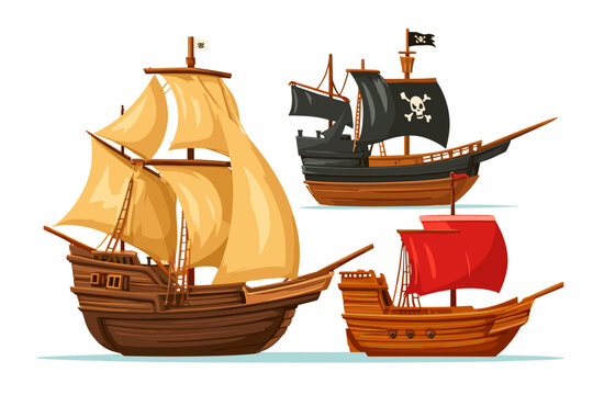 Collection of Colorful Pirate Ships in Cartoon Style