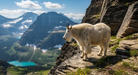 Majestic mountain goat surveys alpine landscape from rocky cliff perch scenic view