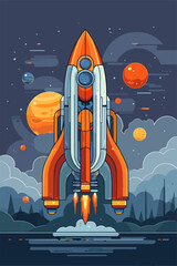 Futuristic Rocket Launching into Space with Colorful Planets and Stylized Background