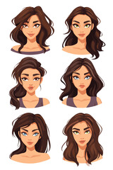 Set of Six Vector Illustrations of Diverse Female Portraits with Different Hairstyles