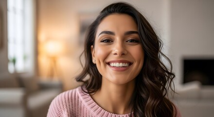 Portrait of a smiling woman with dimples wearing a pink sweater in a brightly lit living room area
