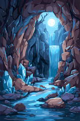Mystical Cave with Waterfall and Crystals under Moonlight