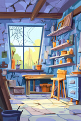 Colorful Art Studio Interior with Tools and Sunlight Streaming Through a Window