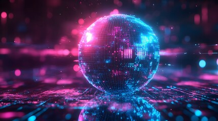 A vibrant disco ball reflects neon pink and blue lights, casting a mesmerizing glow upon a dark, futuristic surface that shimmers with digital reflections.