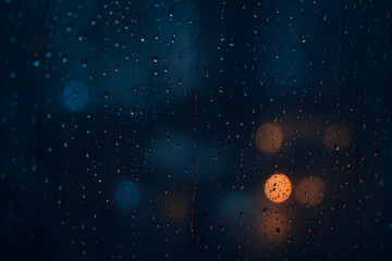 raindrops on glass with blurred lights in background