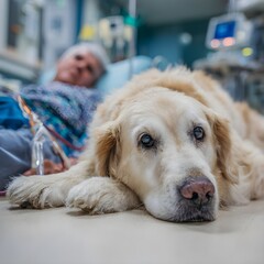 Golden retriever lying on hospital floor beside chemotherapy patient, loyal emotional support dog