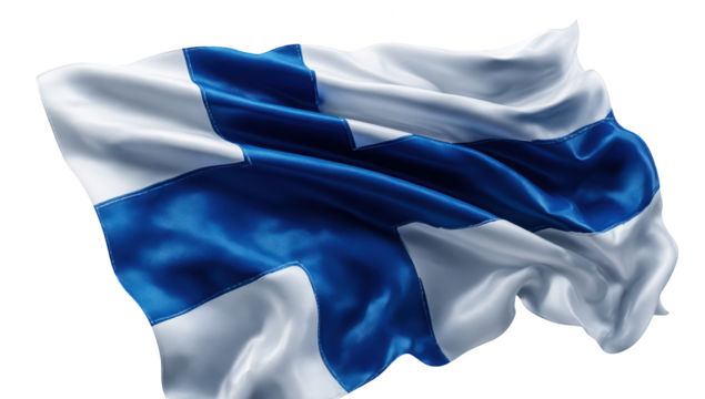 Waving Finnish flag, cross design, blue and white colors, fluttering in the air