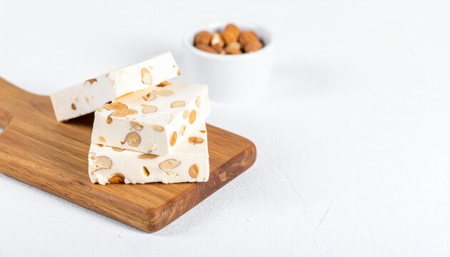 Creamy White Torrone with Almonds on Wooden Board