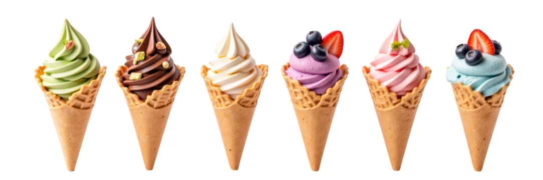 Delicious ice cream cones featuring various flavors like chocolate, vanilla, and fruit, perfect for refreshing treat on warm day