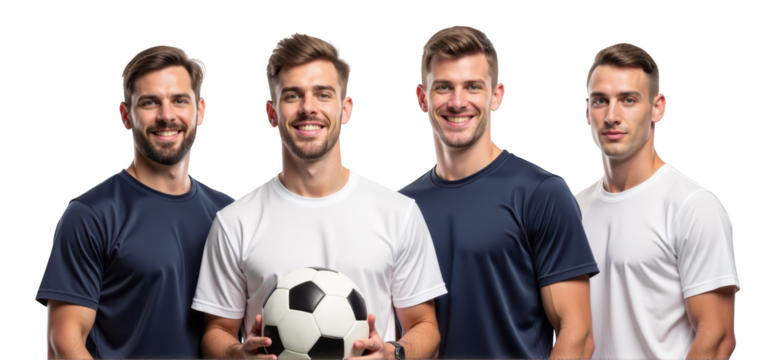 Four young men in athletic wear, smiling and posing with soccer ball, showcasing camaraderie and sportsmanship