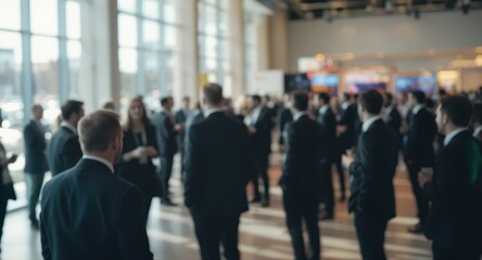 Large group of business professionals networking in a sunlit, contemporary exhibition center