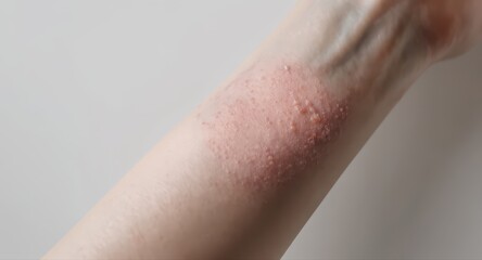 Fototapeta premium Close up of a human arm with severe eczema, showing dry, red, inflamed, and scaly skin