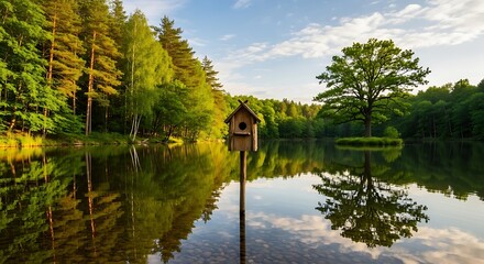 Idyllic lakeside scene reflecting a birdhouse amidst a tranquil forest landscape