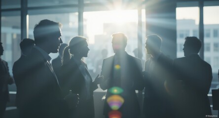 Corporate meeting with silhouetted businessmen and businesswomen in sunny office