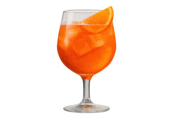 Orange spritz cocktail is garnished with a fresh orange slice and ice cubes, isolated on a transparent background