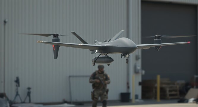 Modern military surveillance drone with bomb payload flying outdoors near hangar