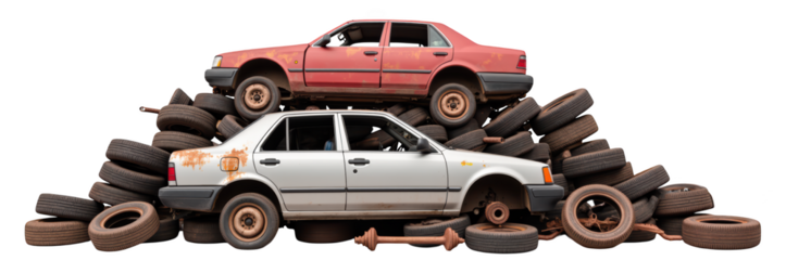 Abandoned cars stacked on pile of old tires, showcasing rust and wear. scene evokes sense of neglect and decay in urban environment