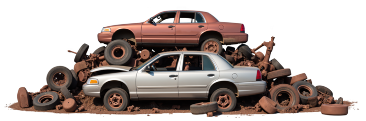 Abandoned cars on pile of tires, showcasing mix of colors and textures, evoke sense of neglect and decay