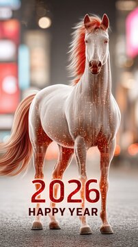 Vertical illustration of a red horse, suitable for celebrating the Chinese New Year 2026, the Year of the Fire Horse.
