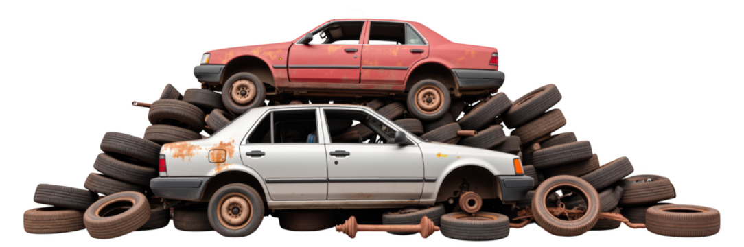 Abandoned cars stacked on pile of old tires, showcasing rust and wear. scene evokes sense of neglect and decay in urban environment