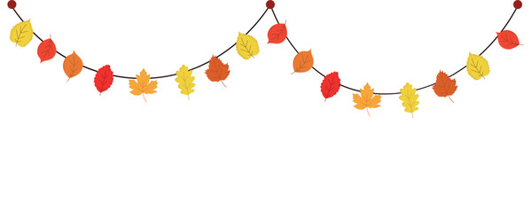 Autumn flat garland with autumn leaves. Thread with attached autumn leaves of beech, maple, ash, and other trees. Autumn garland on an isolated background. 