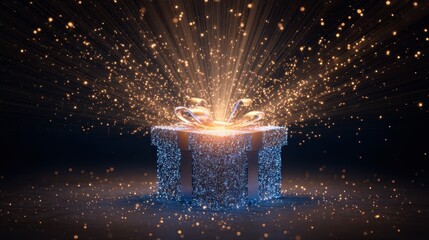 Gift box bursting with light beams, magical surprise concept.