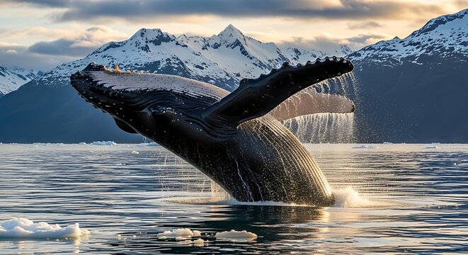 Magnificent humpback whale breaching the surface near glaciers and majestic mountains on the