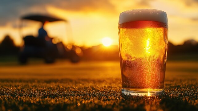 A glass of cold beer on a sun-drenched golf course, next to a golf cart.