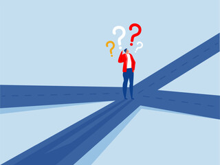 confusing businessman looking at multiple road with question mark and thinking which way to go. irection, choosing options or multiple path, make decision for career path