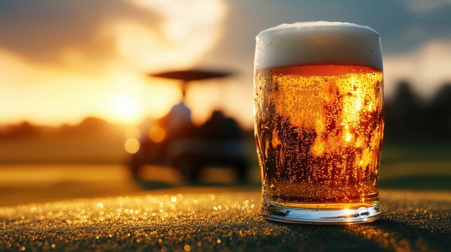 A glass of cold beer on a sun-drenched golf course, next to a golf cart.