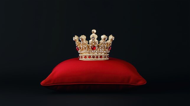 A luxurious golden crown with precious stones lies on a red velvet cushion against a black background. Space for text copy.