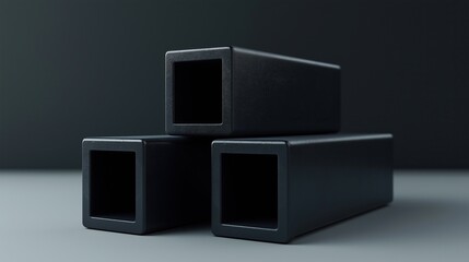 Three black rectangular metal tubes stacked vertically on dark gray solid background, minimalist industrial design showcasing structural geometry and modern aesthetic